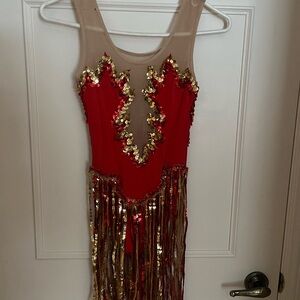 Red and Gold Sequin Fringe Dress